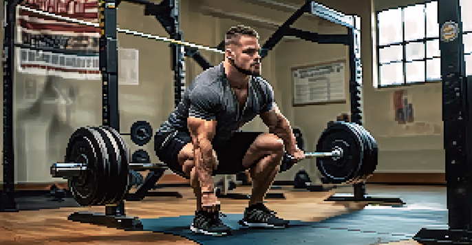 A powerlifter executing a squat with correct posture in a well-lit gym, surrounded by exercise equipment.