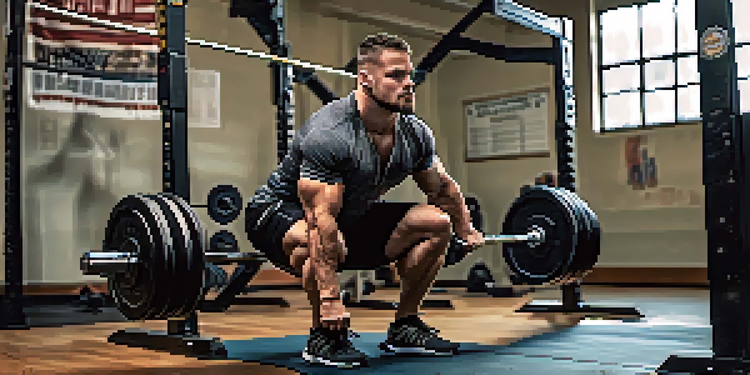 A powerlifter executing a squat with correct posture in a well-lit gym, surrounded by exercise equipment.