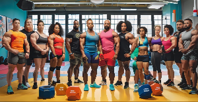 A diverse group of powerlifters representing various gender identities and body types, smiling and posing together in a colorful gym environment.