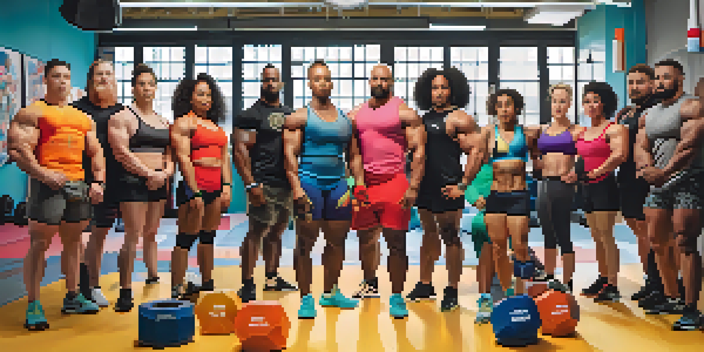 A diverse group of powerlifters representing various gender identities and body types, smiling and posing together in a colorful gym environment.