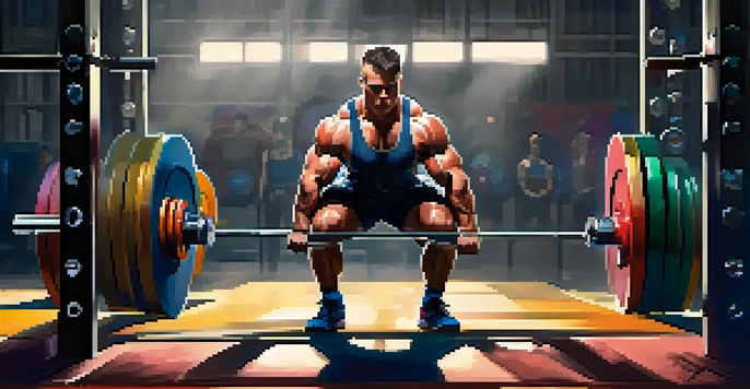 A powerlifter in a gym, preparing for a lift with intense focus and sweat on their forehead.