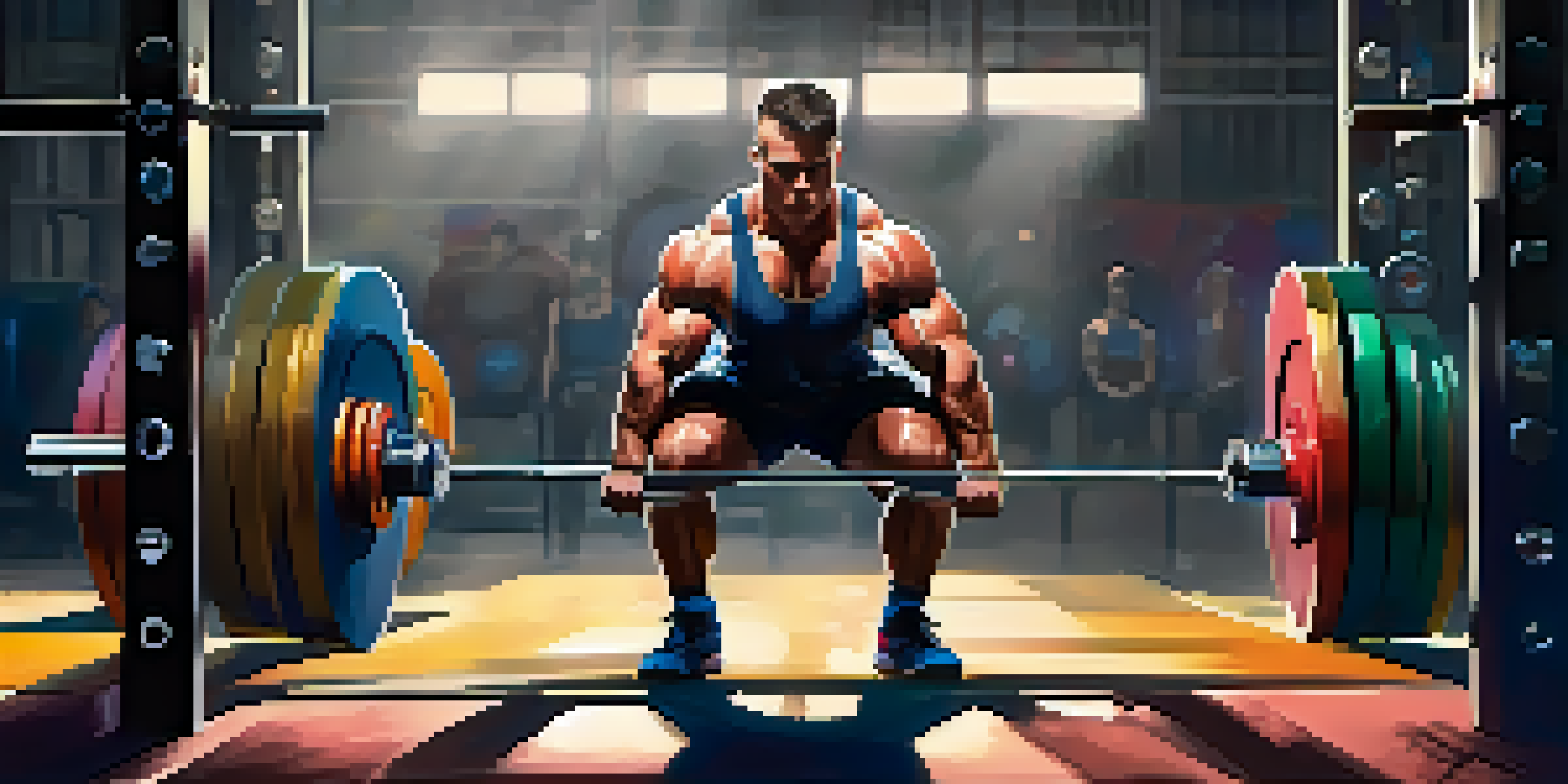 A powerlifter in a gym, preparing for a lift with intense focus and sweat on their forehead.
