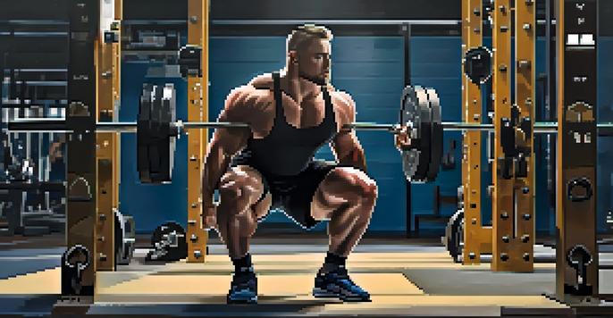 A powerlifter performing a squat with a barbell, showcasing controlled movement in a well-lit gym environment.