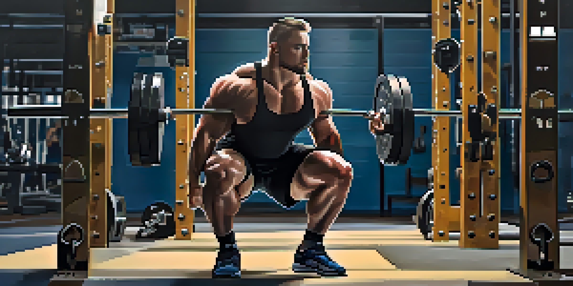 A powerlifter performing a squat with a barbell, showcasing controlled movement in a well-lit gym environment.
