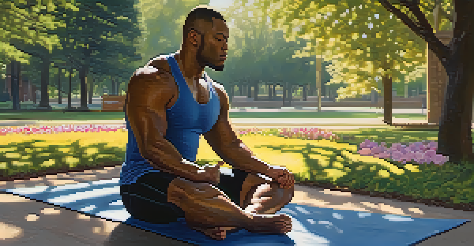A powerlifter meditating in a peaceful park setting, surrounded by trees and flowers, with soft morning sunlight illuminating the scene.