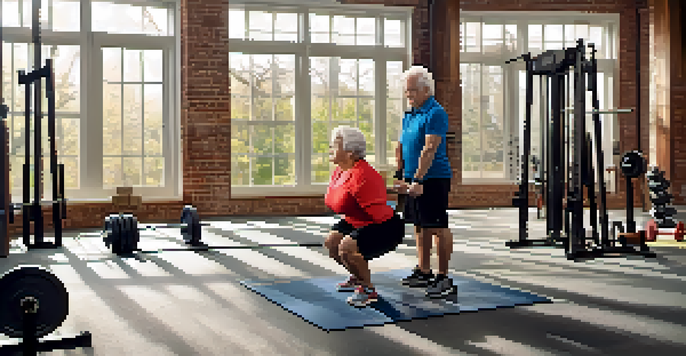 Older adults participating in powerlifting in a bright gym, with one man squatting and a woman supporting him.