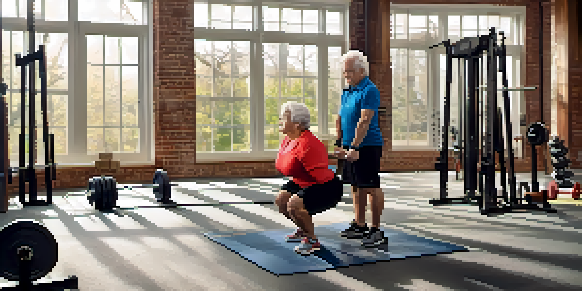 Older adults participating in powerlifting in a bright gym, with one man squatting and a woman supporting him.