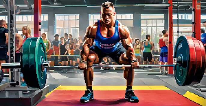 A powerlifter squatting with a barbell in a colorful singlet, surrounded by a supportive crowd in a well-lit gym.