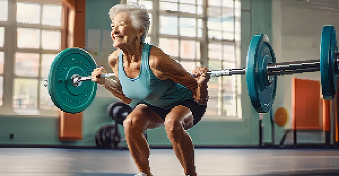 An elderly woman smiling while performing a squat with a light barbell in a bright gym.