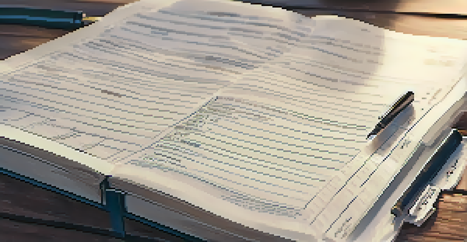 A close-up of a training log with notes on powerlifting performance, surrounded by a pen and warm light.