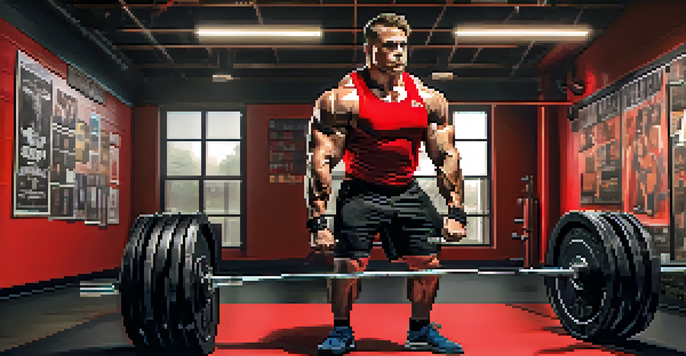 A powerlifter in a bright red tank top lifting a heavy barbell in a gym, with gym equipment and motivational posters in the background.