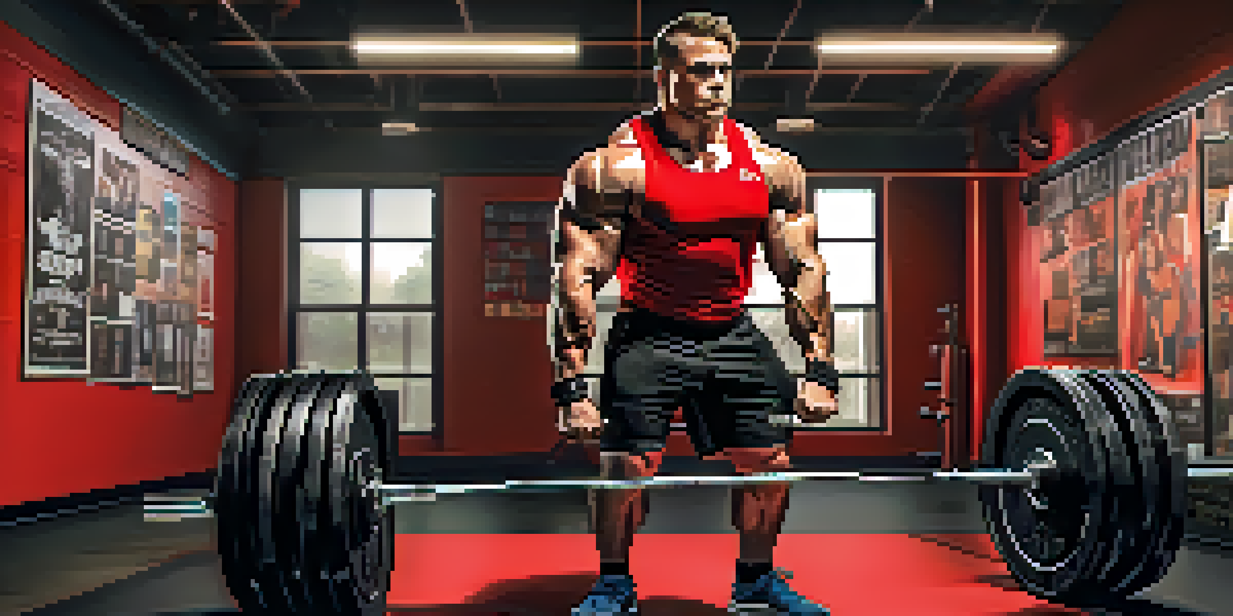 A powerlifter in a bright red tank top lifting a heavy barbell in a gym, with gym equipment and motivational posters in the background.