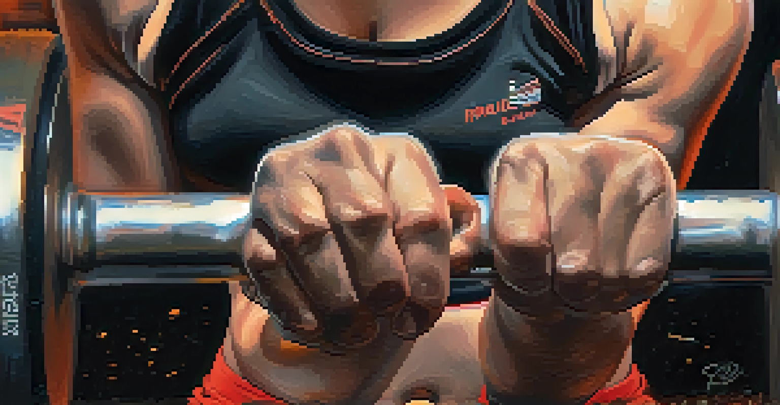 Close-up of a female powerlifter's hands gripping a barbell covered in chalk dust, with a warm, blurred background.