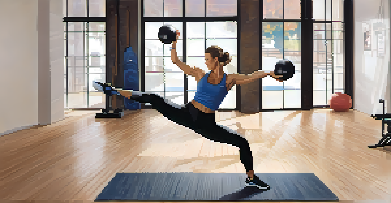 A fitness trainer performing a kettlebell swing exercise in a gym, showing proper hinge movement.