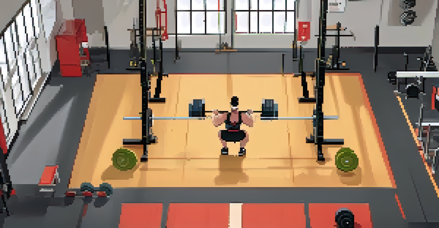 An overhead view of a squat rack with a barbell and weights, highlighting foot positioning for lifting.