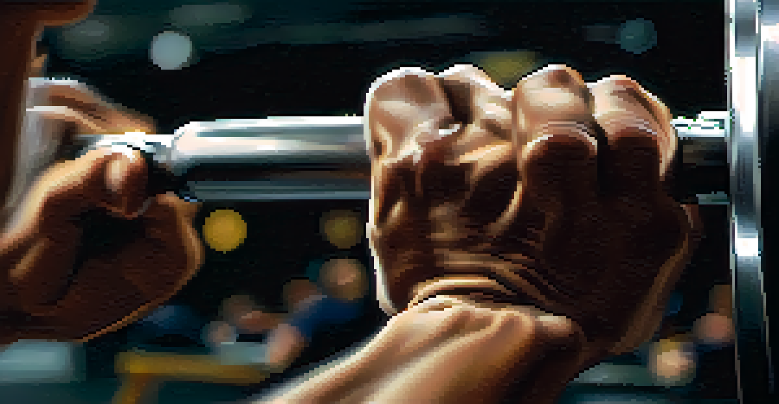 Close-up of hands gripping a barbell for a bench press with weights in the background, emphasizing muscle definition.