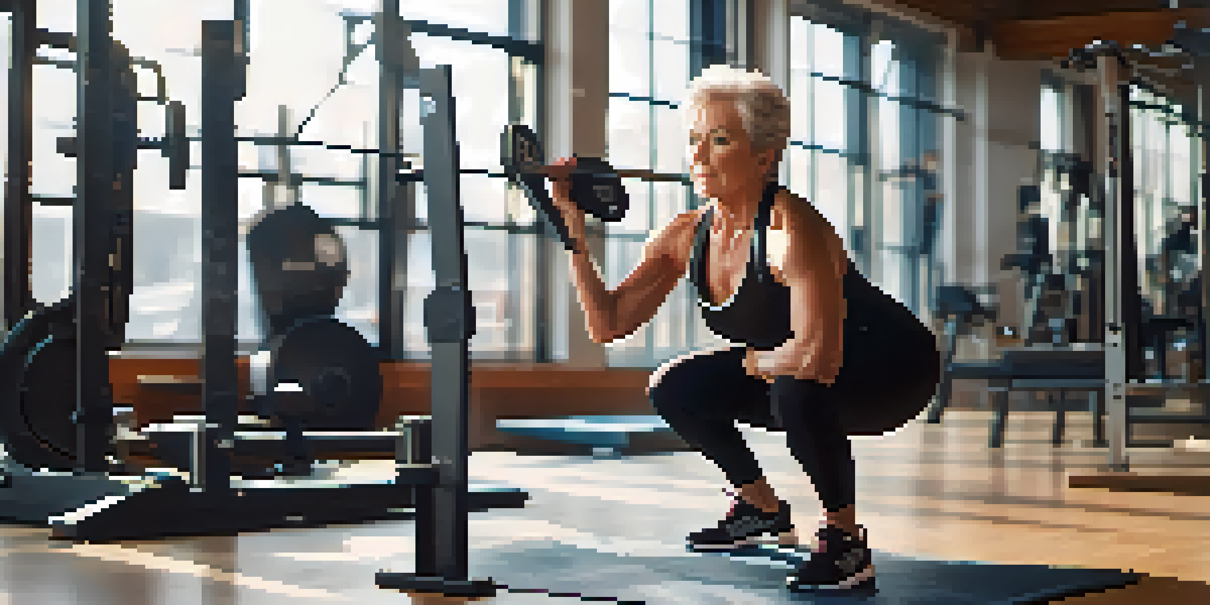 An older adult woman in a gym, focused on performing a squat with correct posture, surrounded by gym equipment.
