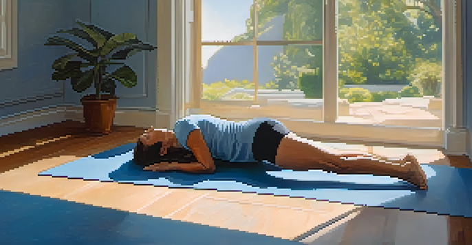 A middle-aged woman lying on a yoga mat in a peaceful gym, practicing diaphragmatic breathing with hands positioned on her chest and belly.