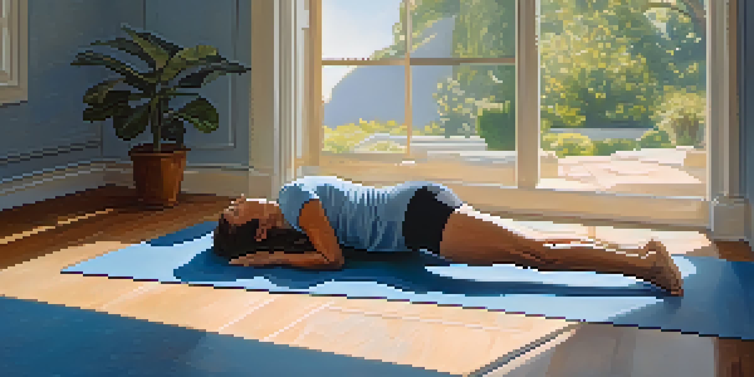 A middle-aged woman lying on a yoga mat in a peaceful gym, practicing diaphragmatic breathing with hands positioned on her chest and belly.