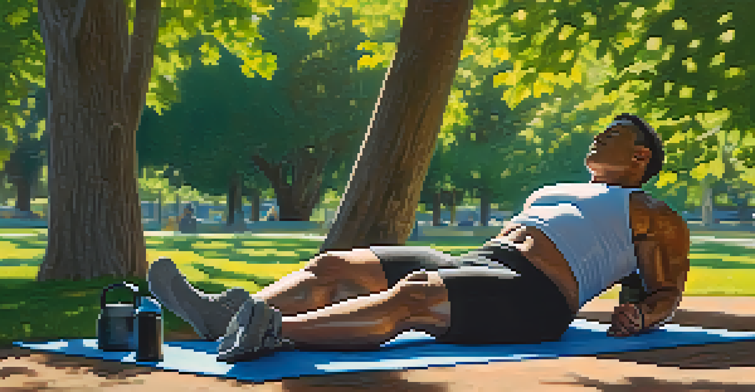 A powerlifter napping on a yoga mat in a tranquil park, surrounded by nature and sunlight, with fitness gear nearby.