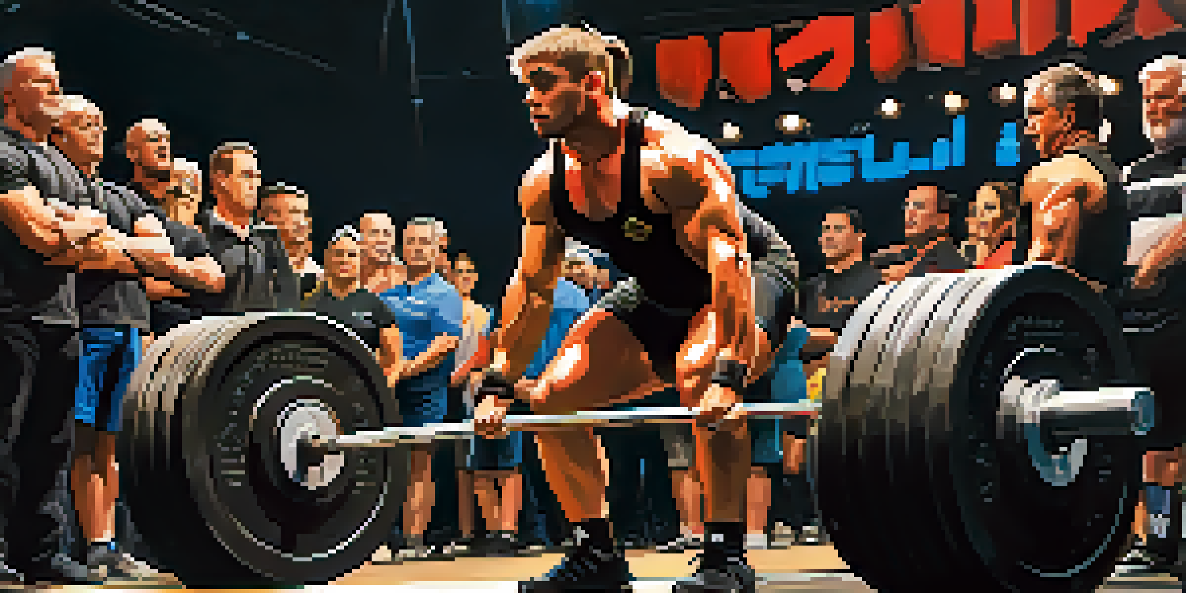 A powerlifter in a black singlet preparing for a squat lift on stage, surrounded by a cheering crowd and judges, with bright lights illuminating the platform.
