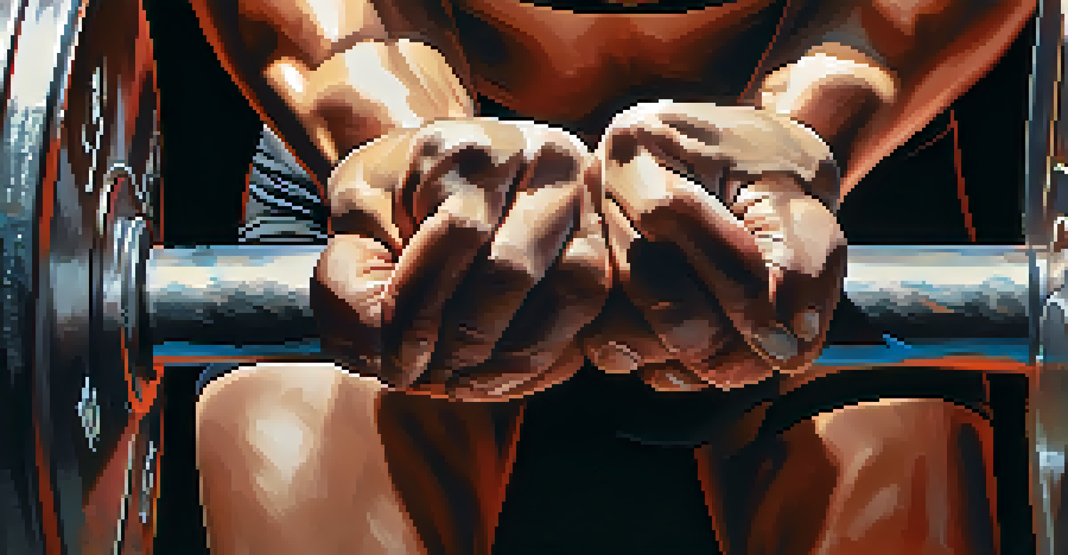 Close-up of a female powerlifter's hands gripping a barbell, showcasing strength and determination with dramatic lighting.