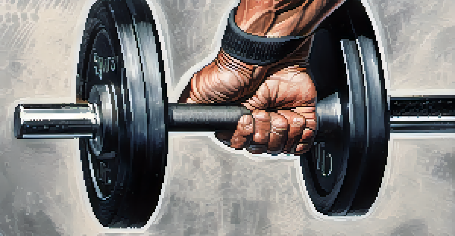 A close-up of a powerlifter's hands gripping a barbell, emphasizing strength and determination.