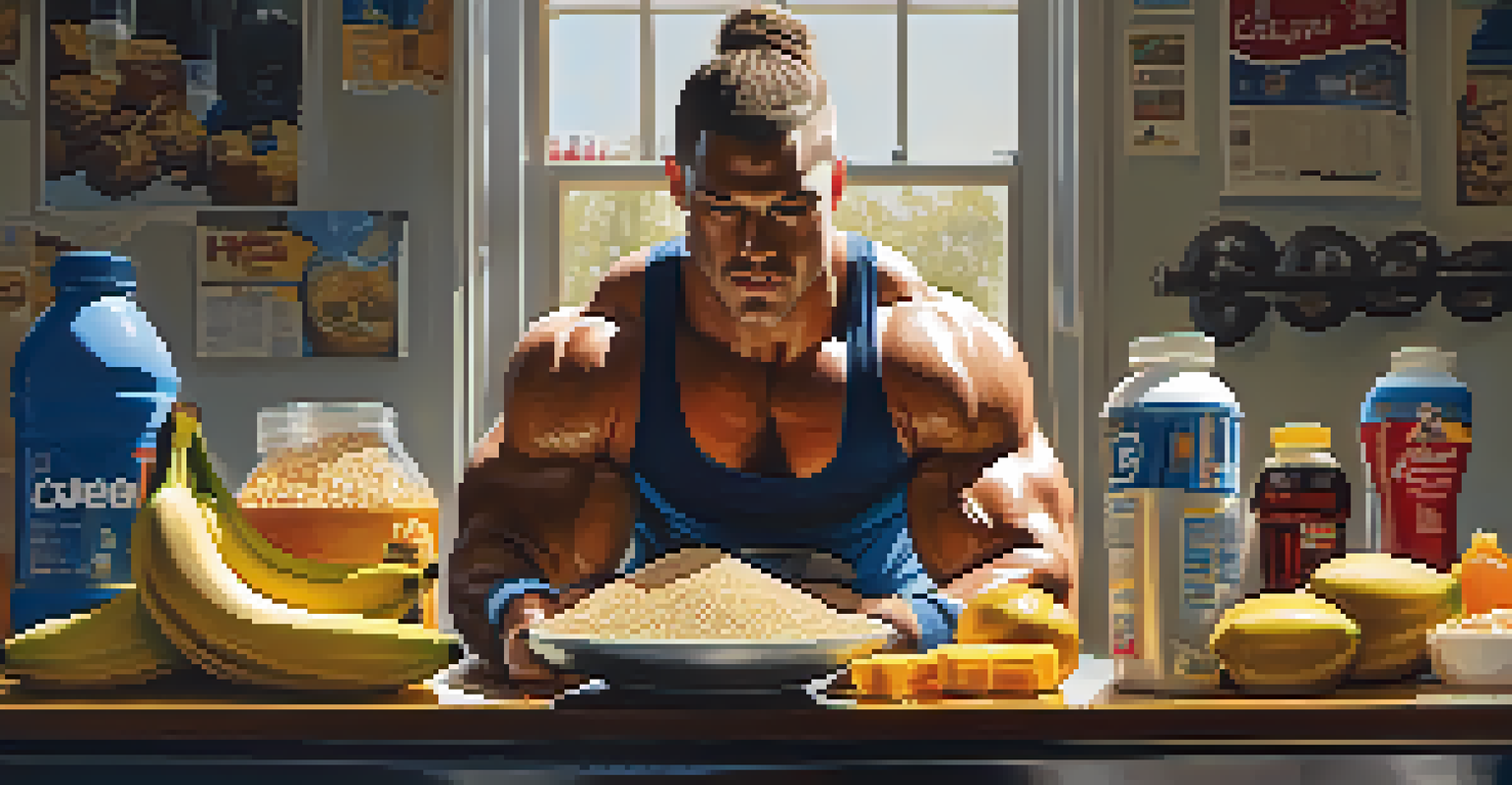 A powerlifter getting ready to lift weights with carbohydrate-rich foods nearby, illuminated by sunlight.
