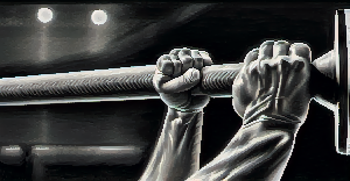 Close-up of a powerlifting athlete's hands gripping a barbell covered in chalk.
