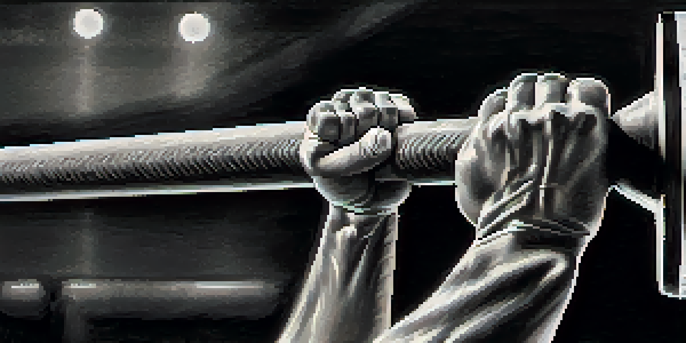 Close-up of a powerlifting athlete's hands gripping a barbell covered in chalk.