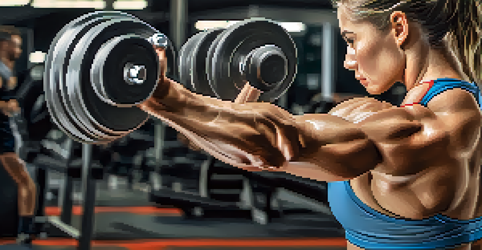 Close-up of an athlete's hand gripping a dumbbell in a gym setting, emphasizing strength and determination.