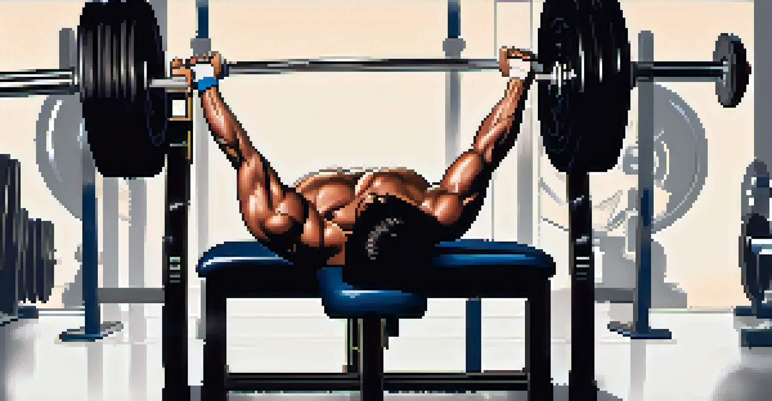A close-up of an athlete's hands gripping a barbell during a close-grip bench press, with gym equipment in the blurred background.