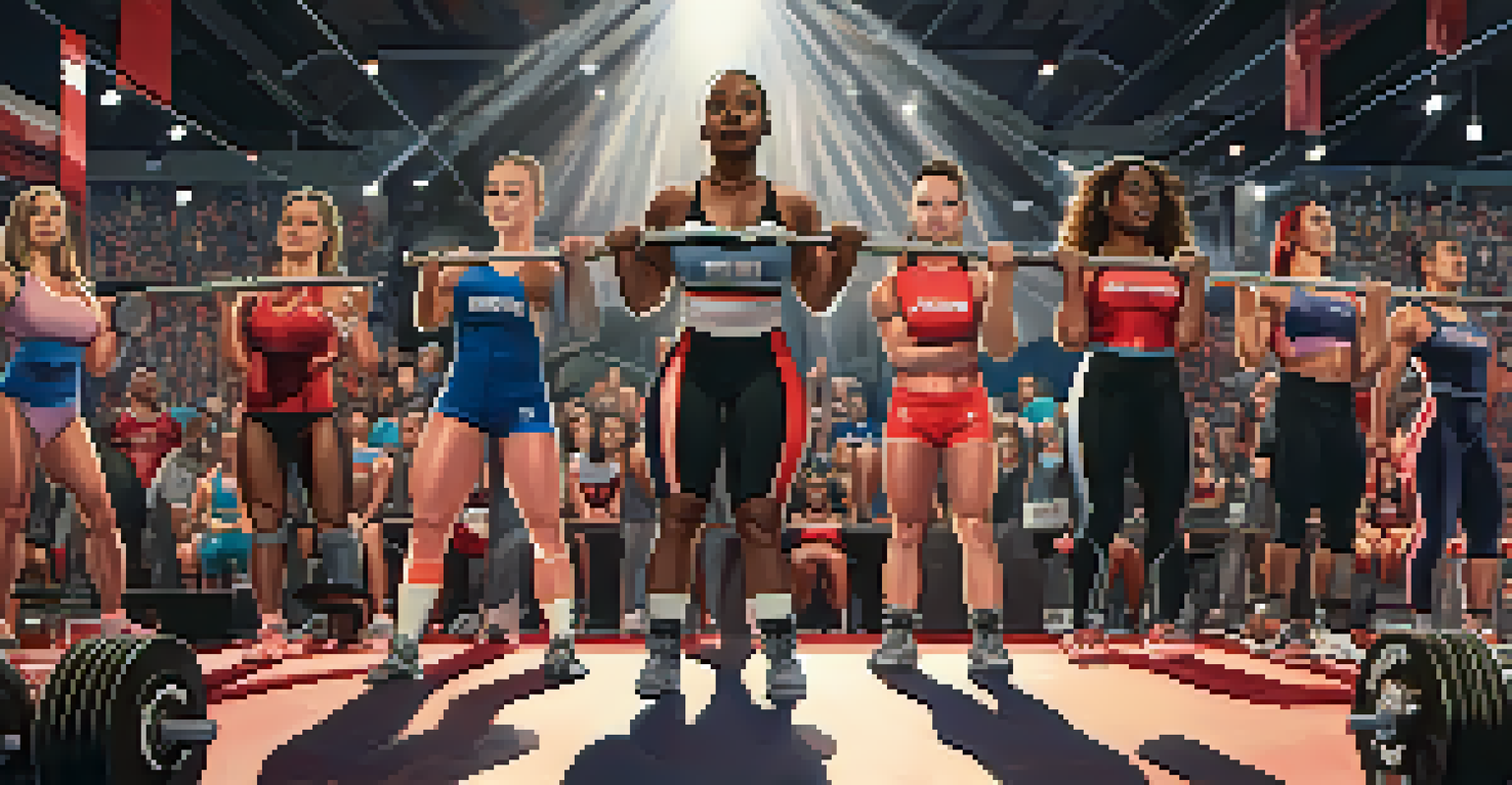 Women lifting weights on stage at a women's only powerlifting competition, with a cheering crowd and banners promoting inclusivity.