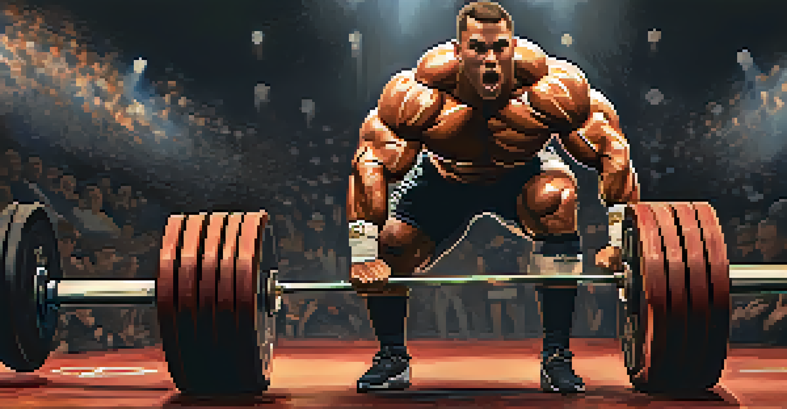 A male athlete lifting a heavy deadlift in a powerlifting competition, with cheering audience and bright stage lights in the background.