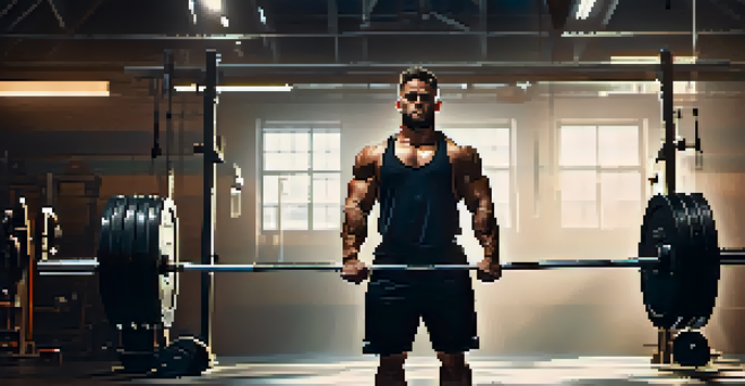 A determined powerlifter preparing to lift a heavy barbell in a dimly lit gym, sweat glistening on their forehead.