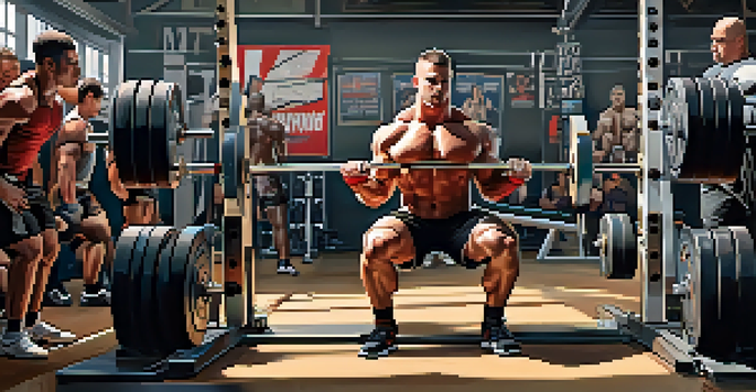 A powerlifting gym with athletes lifting weights, showcasing various lifting techniques and advanced equipment in bright lighting.