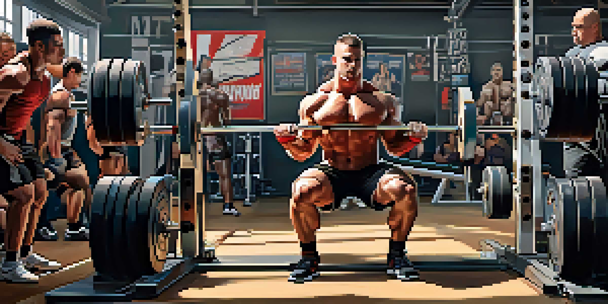 A powerlifting gym with athletes lifting weights, showcasing various lifting techniques and advanced equipment in bright lighting.