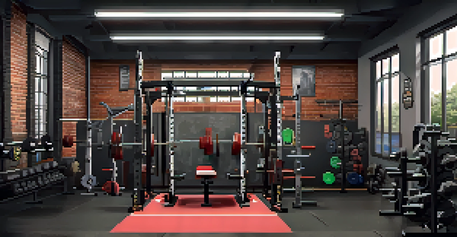 A detailed view of a powerlifting gym with various equipment, bright lights, and motivational posters on the walls.