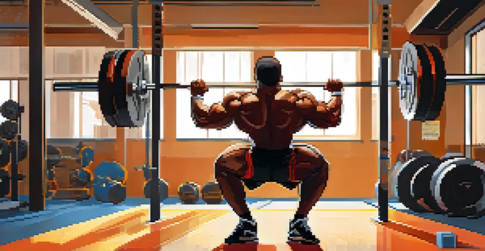 A powerlifter squatting with a heavy barbell in a well-lit gym, showcasing strength and determination.