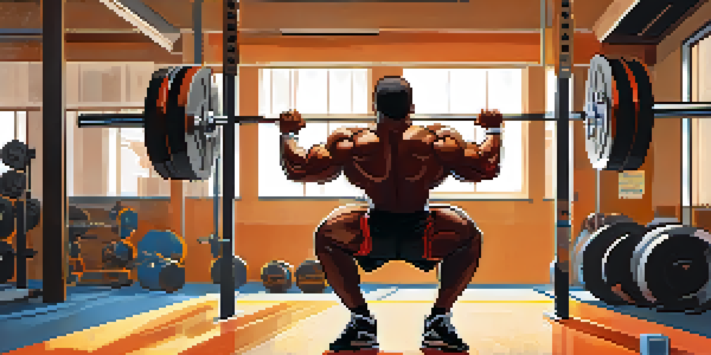 A powerlifter squatting with a heavy barbell in a well-lit gym, showcasing strength and determination.