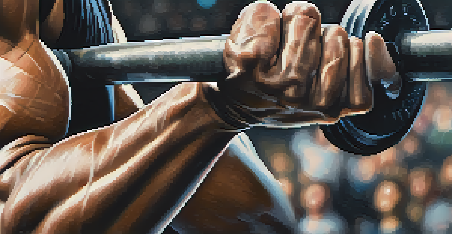 Close-up of a powerlifter's hands gripping a barbell with chalk dust in the air.
