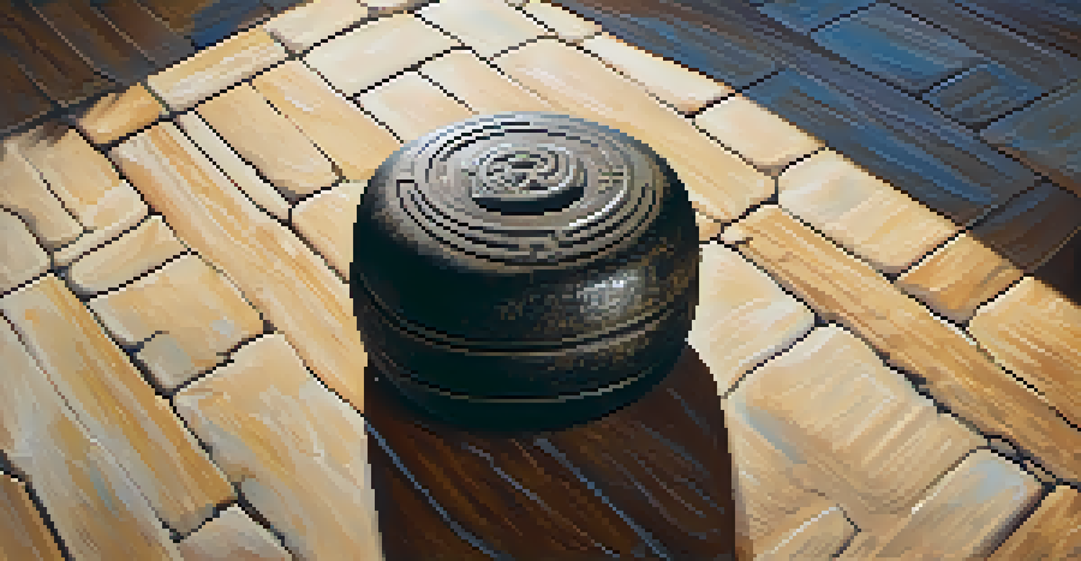 A close-up of a stone weight with intricate carvings, resting on a wooden floor illuminated by soft sunlight.