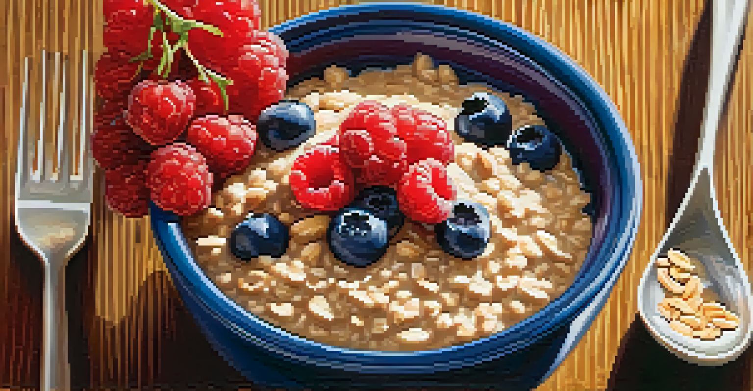 A close-up of a healthy pre-workout meal with oatmeal, fresh berries, and peanut butter on a rustic wooden table.