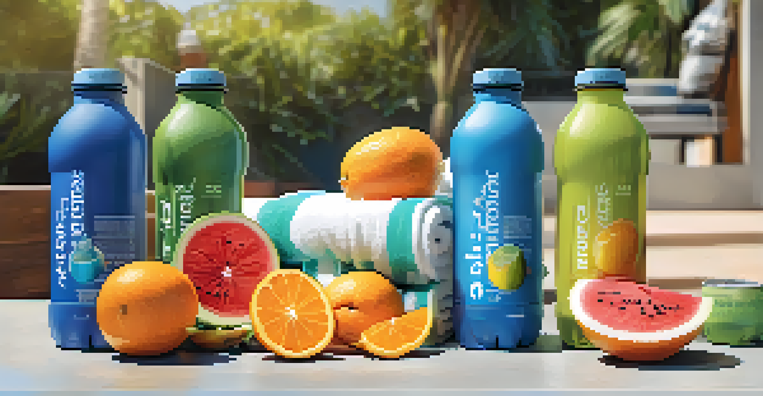 An outdoor hydration station with water bottles, electrolyte drinks, and sliced fruits, illuminated by natural light.