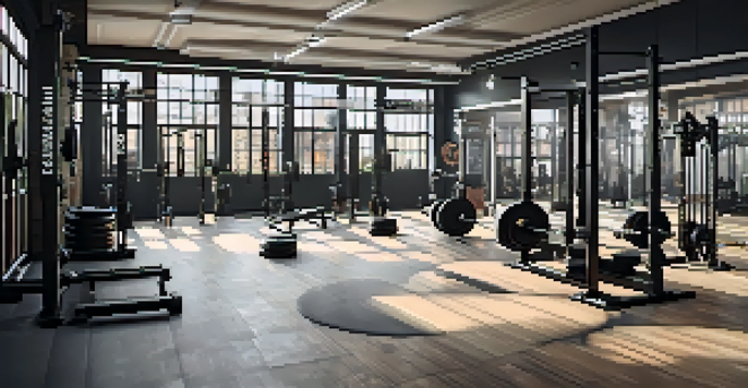 A bright and organized powerlifting gym with squat racks, bench press, and deadlift platform, illuminated by natural light.