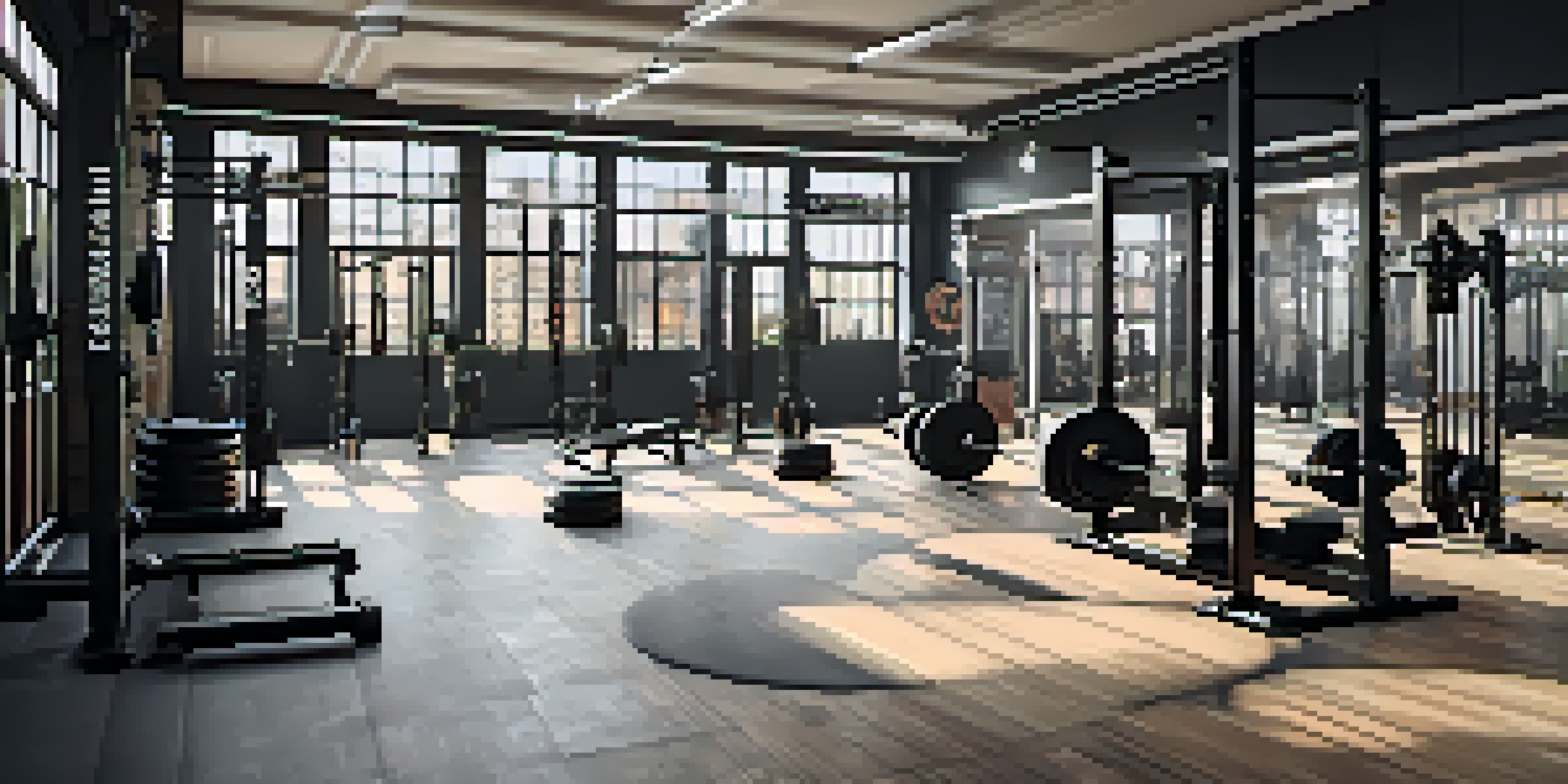 A bright and organized powerlifting gym with squat racks, bench press, and deadlift platform, illuminated by natural light.