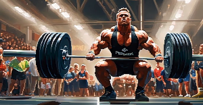 A powerlifter squatting during a competition, with judges and spectators in the background, illuminated by bright lights.