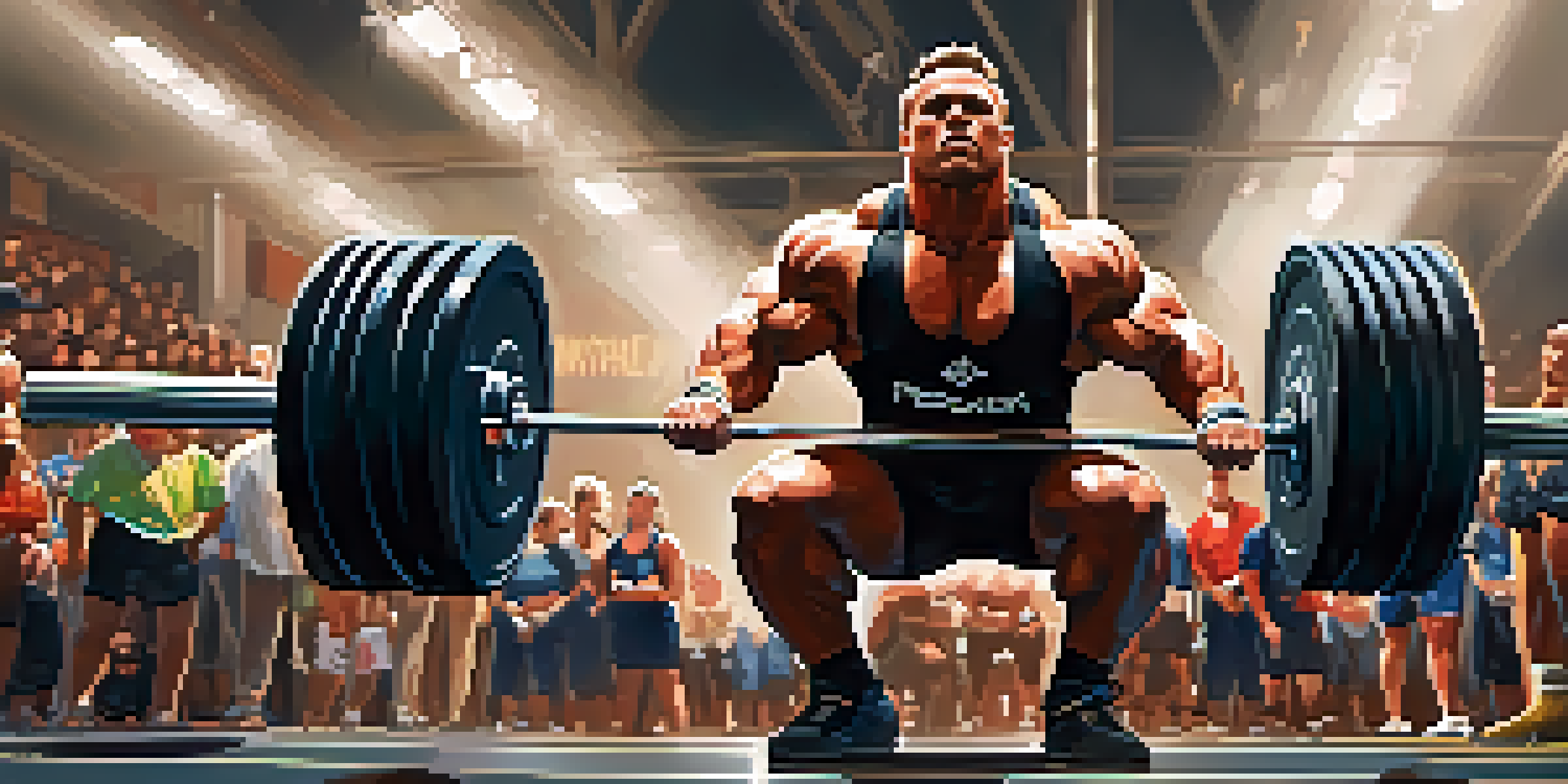 A powerlifter squatting during a competition, with judges and spectators in the background, illuminated by bright lights.