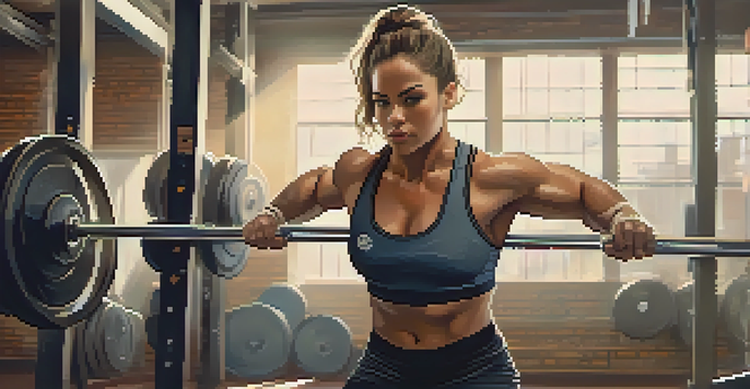A female powerlifter lifting a heavy barbell in a gym, showcasing strength and determination with warm lighting.
