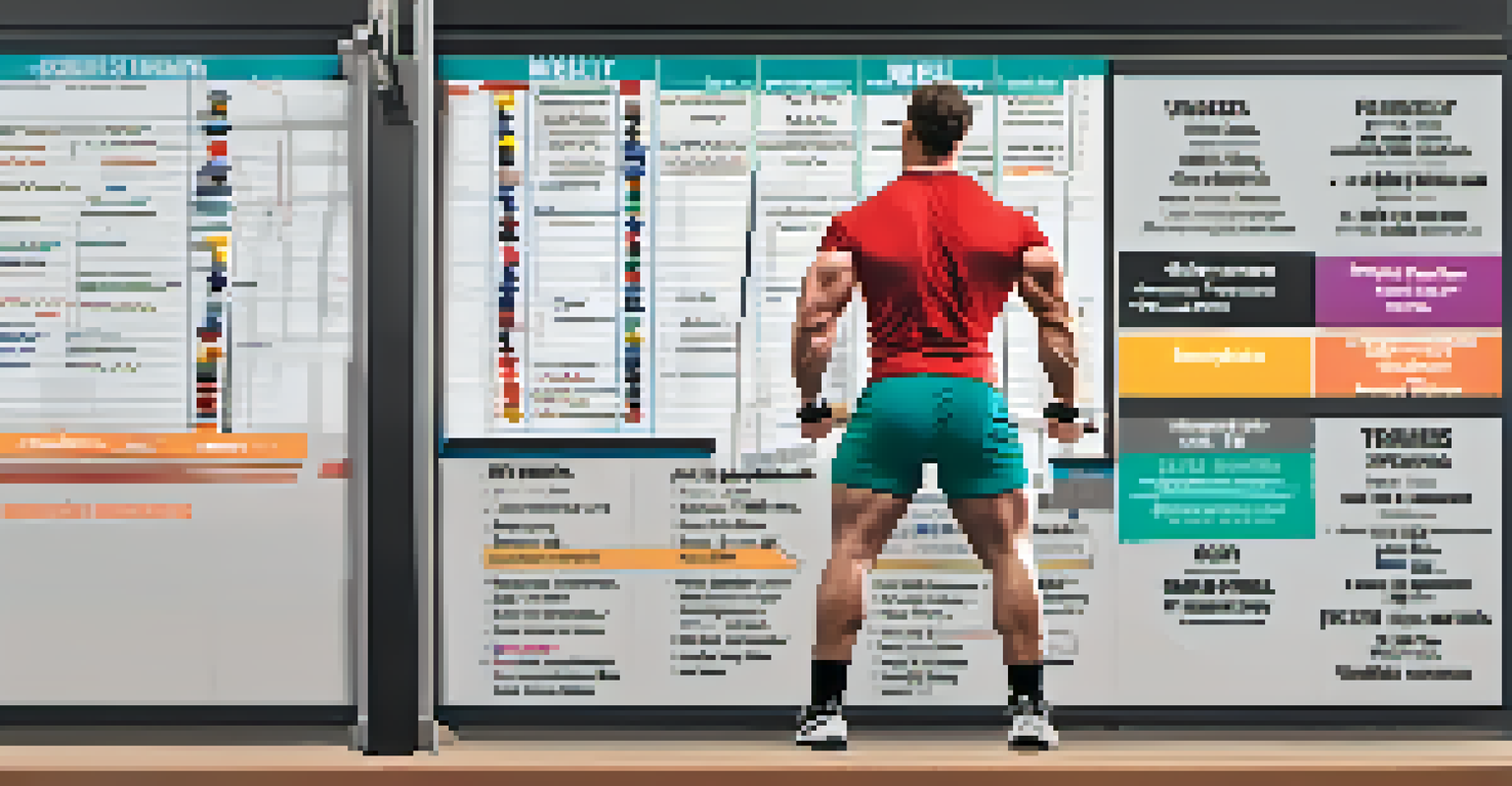 A whiteboard displaying a powerlifting training program that includes flexibility exercises alongside strength training, set in a gym.